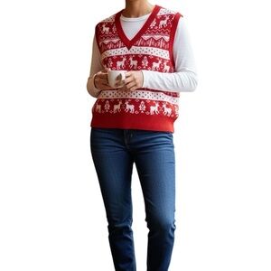 Red And White Reindeer Christmas Sweater Vest Size L